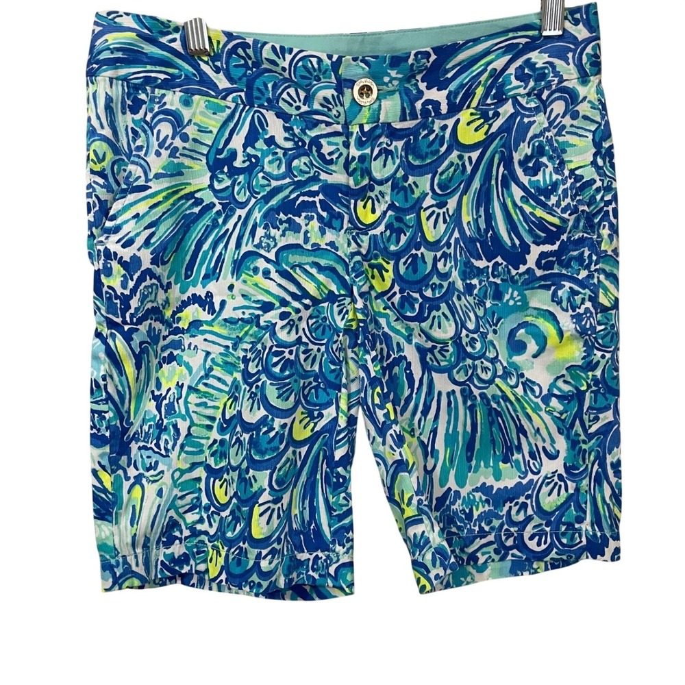 Lilly Pulitzer Chipper Bermuda Shorts Blue Green Peacock Print Size 2 Waist: 30"
